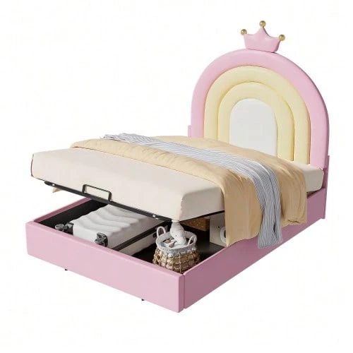 Upholstered Bed 90*200, Hydraulic Bed, With Slatted Base And Headboard, Children's Bed, Wooden Slatted Frame, Easy Assembly, Height-Adjustable Headboard, PU, Pink - Pink - View 1