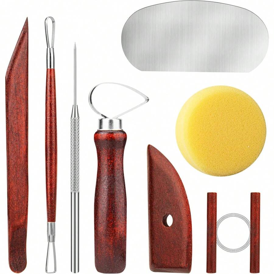 8PCS Stained Wooden Pottery Sculpting Tools, Wood Clay Cleaning Tool Set, Ceramic Modeling Tool For Carving, Molding, Cutting, Trimming, Pottery Wheel, Crafting, Beginners, Adults, Students - Multicolor - View 1