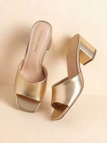 Women Chunky Low Heel Mule Sandals, Comfortable Square Open Toe Slide Sandals Slip On, Versatile Minimalist Chunky Heel Sandals For Summer Spring Casual Wearing - Vàng - Xem 1