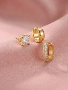 3pcs/Set Compact And Delicate Gold-Plated Copper Zirconium Round Diamond Stud Earrings Wide Matte Earrings Zirconium Earrings Jewelry Ear Studs Ear Bone Studs - Gold - View 1