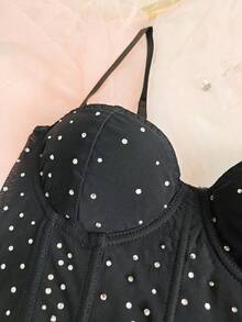 1pc Black Rhinestone Spaghetti Strap Tight Top - Mesh Panel Waist Cinching Bust Enhancing Sexy Chic For Dates & Parties - Black - View 9