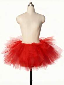 1 pièce Jupe tutu en tulle à 5 couches pour adulte, costume de performance, jupe gâteau de fête, jupe tutu bouffante mignonne à 5 couches pour Noël, cosplay, accessoires pour la Saint-Valentin - Rouge - Voir 3