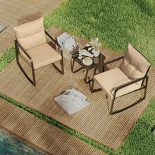 3 Piece Rocking Bistro Set, Black Steel Patio Furniture, Porch Chairs Conversation Set With Glass Coffee Table, Back Cushion, For Balcony, Garden, Deck, Backyard, Beige - 米色 - 查看 8