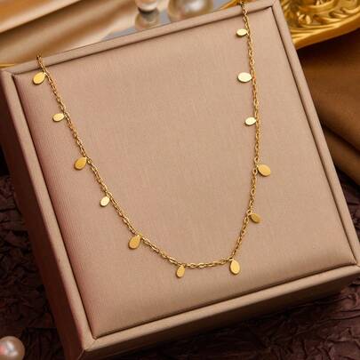 Lightweight Luxury Minimalist Water Drop Square Stainless Steel Necklace, Fashionable Personalized Collarbone Chain, Won't Discolor