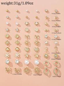 30 Pairs Assorted Flower, Heart, Bow Knot, Faux Pearl Metal Rhinestone Stud Earrings, Casual & Everyday Wear - Yellow Gold - View 6