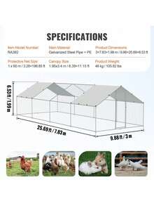 Large Metal  With Run, 9.8x25.6x6.5 Ft Walk-In Chicken Runs For Yard With Cover, Spire Roof Hen House With Security Lock For Outdoor And Backyard, Farm, Duck Rabbit Cage Poultry Pen - Bạc - Xem 7