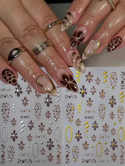 2 Blatt braune Blumen Französisch Farbverlauf Nagel Aufkleber, 2 Stück Orchideen Blüten Muster selbstklebende Nail Art Abziehbilder, goldene Linien Designs Nail Charms Dekorationen Nagel Zubehör