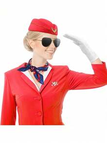 5pcs Women's Pilot Role Play Costume Set, Includes Hat, Scarf, Glasses, Gloves, Flight Attendant Makeup Party Outfit, Suitable For Role Play, Party And Dance Stewardess Costume - Multicolor - View 10