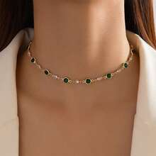 1pc Vintage Green Rhinestone Necklace, Retro Short Choker Necklace For Women - Green - View 6