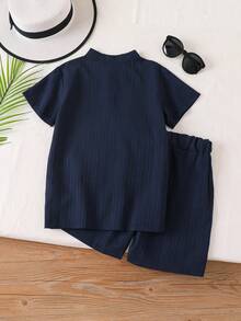 Set 2pcs/Set Kemeja dan Celana Pendek Jacquard Warna Polos untuk Anak Laki-laki, Pakaian Kasual untuk Liburan, Balita & Anak Besar, Musim Panas - Navy Blue - View 2