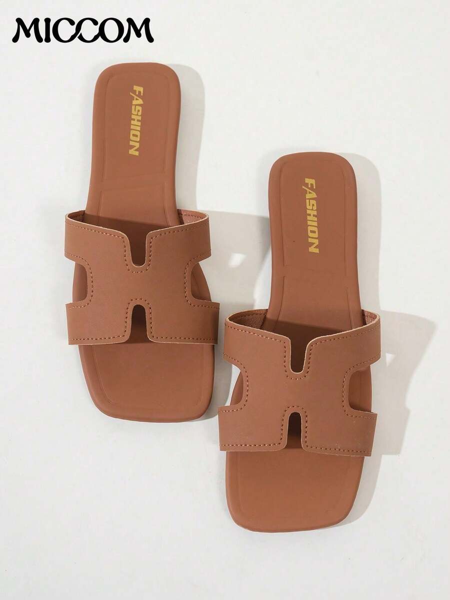 Women's Fashion Flat Square Toe Slip-On Sandals, Versatile For Spring And Summer - Brown - View 1