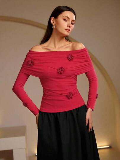 女士纯色修身单肩褶皱立体花卉羊毛衫，优雅知性女士春季外套，休闲度假上衣