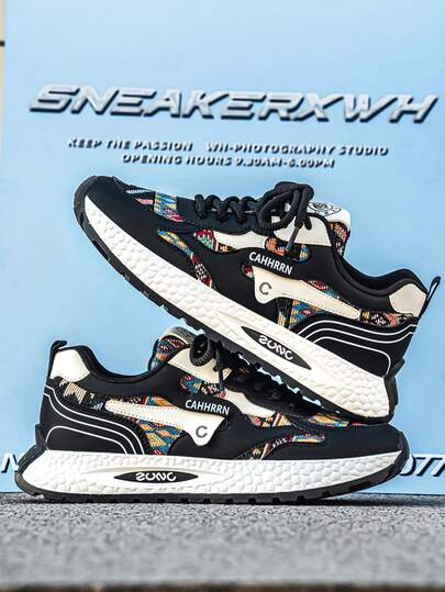 Men's Sneakers New Geometric Pattern Low-Top Lace-Up Thick-Soled Comfortable Casual Sports Shoes, Suitable For Outdoor Sports, Fashion, Personality, Simplicity, Comfortable Running Shoes, Campus Style