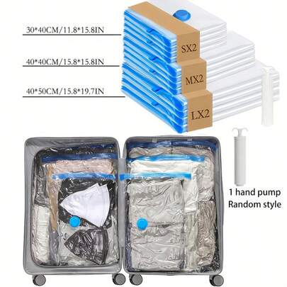 6pcs Travel Storage Bags - Vacuum Compression Bags + 1 Travel Hand Pump, Upgraded Thicker Leak-Proof Gray Vacuum Bags - Clothes Vacuum Preservation Dust Bags - Suitable For Business Trip, Travel, Moving, Dorm, Rental, Wardrobe, Drawer Storage Of Clothes, Pillows, Shoes, Christmas Gifts Plush Toys Etc., Save Storage Space, Essential For Seasonal Clothing Organization, High-Quality Vacuum Storage Set