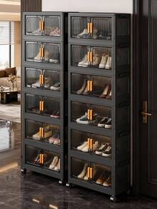 1 pièce Armoire de rangement pliable 40/50/60 cm, organisateur de rangement en plastique à 1-5 niveaux avec portes doubles et roulettes, meuble de rangement multicouche pour jouets et collations pour le salon, armoire de rangement pour vêtements, étagère anti-poussière pour la maison, étagère de rangement, boîte de rangement, contenant en plastique, bouteille d'huile, accessoires de rangement de cuisine, porte-tasses, 1 bouteille d'huile, porte-cuillères, étagère de rangement de cuisine - Noir transparent - Voir 2