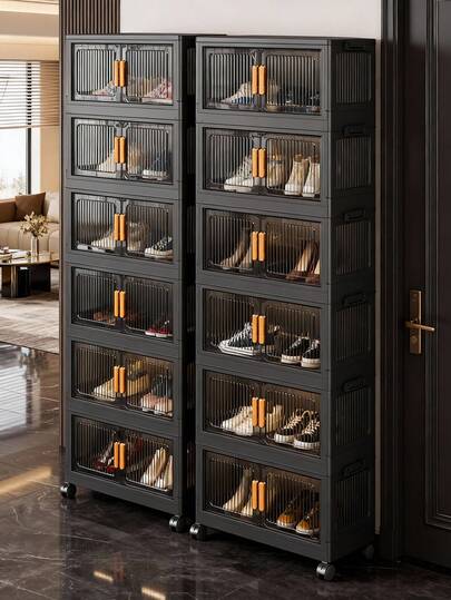 1pc 40/50/60cm Foldable Storage Cabinet, 1-5 Tier Double Door Plastic Storage Organizer With Wheels, Living Room Toy & Snack Multi-Layer Cabinet, Clothes Storage Cupboard, Home Dust-Proof Shelf, Household Storage Rack, Storage Box, Plastic Container, Oil Bottle, Kitchen Storage Accessories, Cup Rack, 1 Oil Bottle, Spoon Rack, Kitchen Storage Shelf