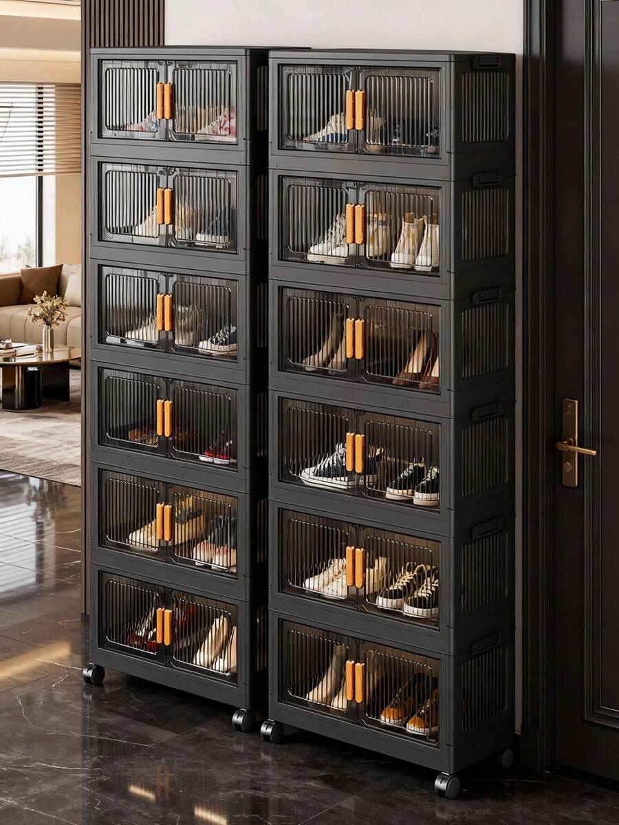 1 pièce Armoire de rangement pliable 40/50/60 cm, organisateur de rangement en plastique à 1-5 niveaux avec portes doubles et roulettes, meuble de rangement multicouche pour jouets et collations pour le salon, armoire de rangement pour vêtements, étagère anti-poussière pour la maison, étagère de rangement, boîte de rangement, contenant en plastique, bouteille d'huile, accessoires de rangement de cuisine, porte-tasses, 1 bouteille d'huile, porte-cuillères, étagère de rangement de cuisine