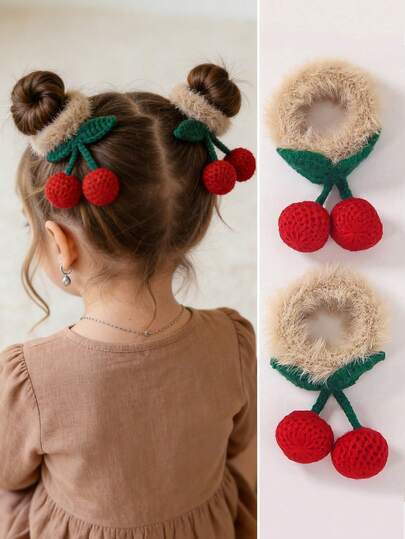 Bộ 2 chiếc dây buộc tóc bằng vải nhung mềm mại họa tiết quả anh đào, thích hợp cho bé gái mùa thu/đông và Giáng sinh, phụ kiện tóc kiểu công chúa dễ thương, phù hợp sử dụng hàng ngày.