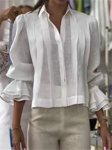 时尚宽松褶皱喇叭袖长袖衬衫，秋季服装，春季，褶皱细节，宽松版型，轻盈面料，结构精良，喇叭袖上衣，时尚衬衫，适合专业人士和时尚爱好者，白色 - 白色 - 查看 4