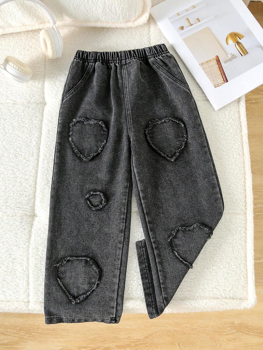 Girls' Heart Casual Denim Pants, Summer - Black - View 1