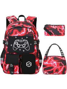 1 Set Kids Backpack With Cool Pattern, USB Charging Port, Game Controller Print, Includes Lunch Bag, Luggage Strap, Zipper Closure, Multi-Pocket Design, Suitable For Daily Use, Camouflage Blue/Red Set - Lightning - View 11