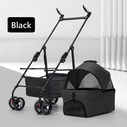 Carrito de Lujo Expandible y Plegable para Perros Pequeños/Medios y Gatos - Poliéster Duradero con 3 Compartimentos Espaciosos, Arnés Carreola Para Plegable Para Mascotas Con Capazo Perro Gata Carrito Mascota Con Cesta Desmontable Y Asas Metálicas Color Negro