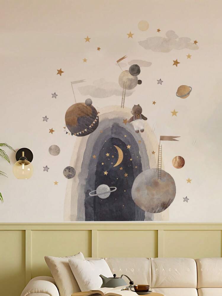 1张太空星球月亮熊黑洞墙贴，可移除墙面装饰，适用于卧室、客厅 - 1PC - 查看 4