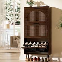 Farmhouse Shoe Cabinet Storage For Entryway, Slim Shoe Rack Cabinet With Flip Drawers, Narrow Shoe Organizer Cabinet With Stylish Round Panel, Metal Leg And Handle - Walnut - View 12