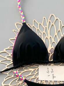 两件套几何与热带花卉印花泳衣，休闲可爱优雅性感波西米亚风系带比基尼，适合春夏海滩度假，女士套装，沙滩装，女士比基尼，女士沙滩套装 - 黑色 - 查看 5