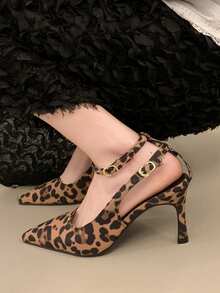 Women's Fashion Sexy Pointed Toe Leopard Print Stiletto Heels, Low Vamp Versatile Strap Sandals, Spring/Summer 2026 New Arrival - Brown - View 2