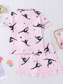 两件套儿童睡衣套装，印花图案为跳舞女孩，舒适的翻领短袖上衣搭配松紧腰短裤，甜美可爱时尚睡衣，适合节日派对、休闲儿童睡衣和家居服穿着。 - 粉色 - 查看 2
