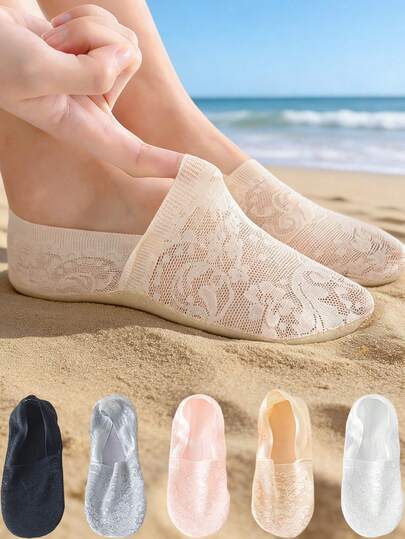 5/10 Pairs Women's Thin Breathable Non-Slip Silicone Lace Boat Socks, Transparent & Fashionable For Summer