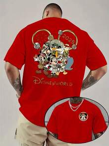 1 Piece, New Disney Men's T-Shirt, Mickey Defends The Cartoon Before And After Printing, Round Neck Casual And Comfortable T-Shirt, Suitable For Sports And Daily Wear, A Good Choice For Gifts, A Must For Parties. - 紅色 - 查看 1