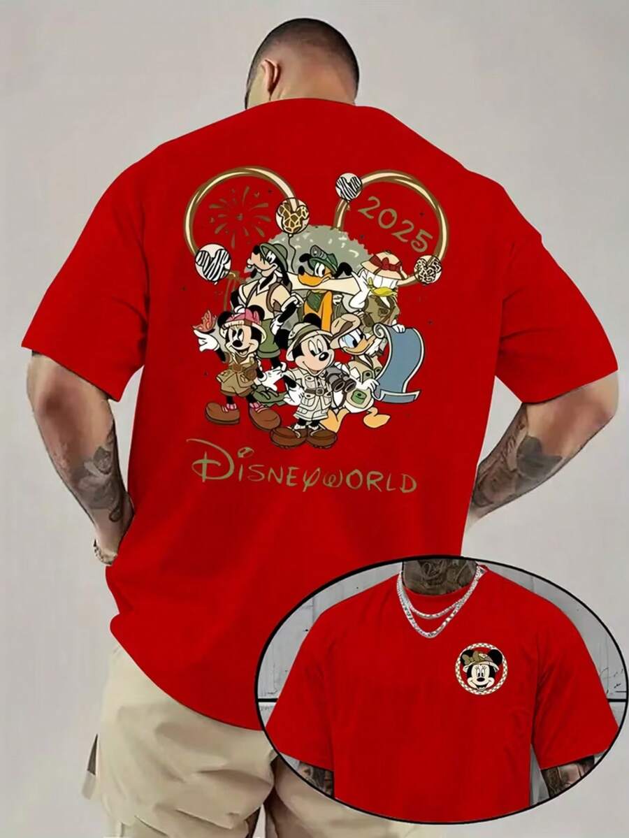 1 Piece, New Disney Men's T-Shirt, Mickey Defends The Cartoon Before And After Printing, Round Neck Casual And Comfortable T-Shirt, Suitable For Sports And Daily Wear, A Good Choice For Gifts, A Must For Parties. - 紅色 - 查看 1