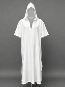 Cubrecuerpo de playa de algodón con capucha, de unicolor, transpirable y de verano para hombres. Túnica larga con manga corta y abertura, de estilo tradicional de Oriente Medio - Blanco - Ver 2