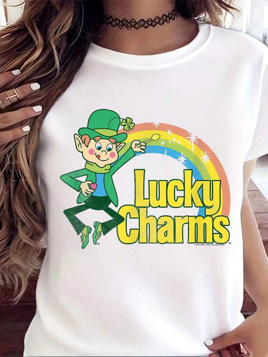 Lucky Charms 80s Style Lucky The Leprechaun Rainbow Logo T-Shirt 100%Cotton Funny St. Patrick'S Day Graphic Print T-Shirt Medium Stretch Fabric Round Neck Short Sleeve All-Season Comfort Suitable For Women - 白色 - 查看 1