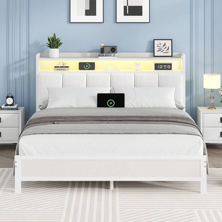 Twin/ Full/ Queen/ King Bed Frame With Storage Headboard, LED Bed Frame With Charging Station, Upholstered Platform Bed Frame With Heavy Duty Metal Slats, No Box Spring Needed, Easy Assembly, Black/ White/ Beige - View 1