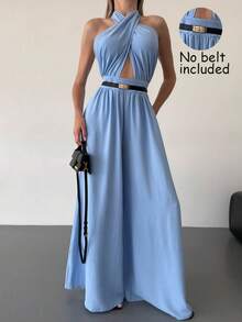 女士无袖交叉系带蝴蝶结连体裤，优雅宽松连身裤，春夏款 - 淺藍色 - 查看 2