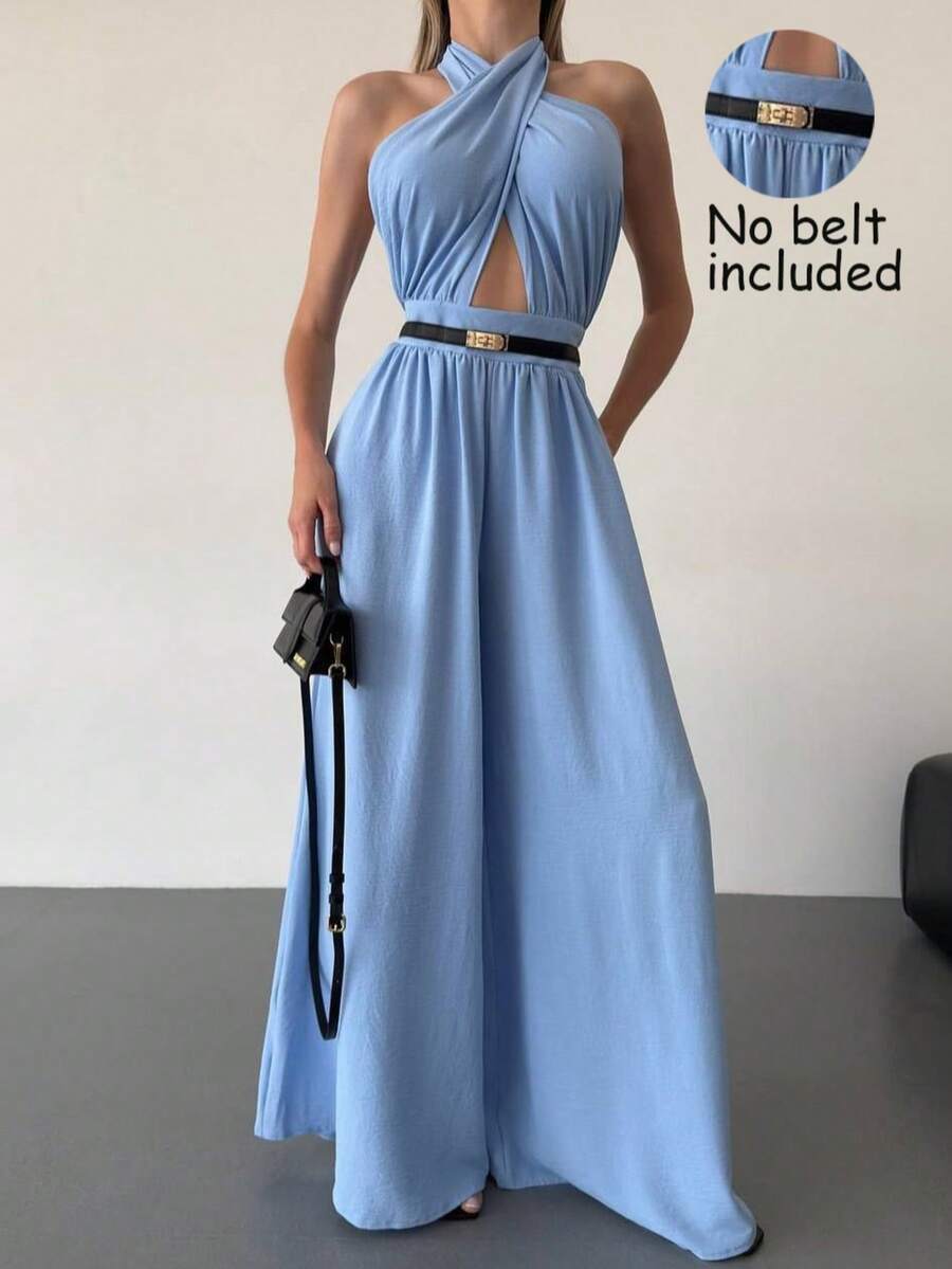 女士无袖交叉系带蝴蝶结连体裤，优雅宽松连身裤，春夏款