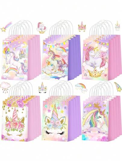 6/12/24件套梦幻独角兽主题礼品袋，采用柔和的紫色调，饰以迷人的独角兽、彩虹、星星和城堡图案，散发着童话般的魅力。非常适合生日派对、圣诞派对或作为礼品包装，增添一丝奇幻气息。
