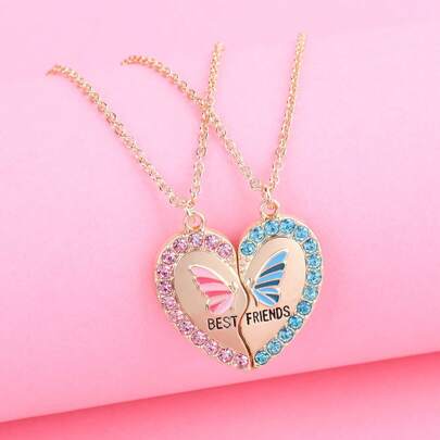 2Pcs/Set Cute Butterfly Heart Pendant Necklace For Women Friendship BFF Necklaces Best Friend Jewelry Gift