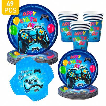 Blue Gaming Controller Balloon Disposable Plates, Napkins, Cups - One-Time Party Supplies Set, Suitable For 8 Guests, Disposable Paper Plates Party Tableware For Birthday, Wedding, Theme Party, Family Picnic