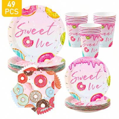 Donut Design Disposable Plates, Napkins, Cups - One-Time Party Supplies Set, Suitable For 8 Guests, Disposable Paper Plates Party Tableware For Birthday, Wedding, Theme Party, Family Picnic