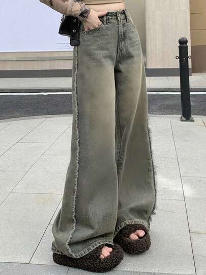 Women's Solid Color Mid-Waist Straight Leg Loose Fit Casual Flared Jeans With Fringe