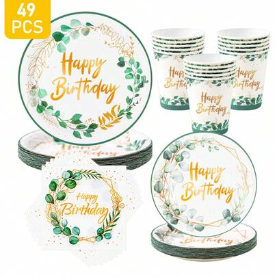 1 Set Gold Eucalyptus Leaf Happy Birthday Disposable Plates, Napkins, Cups, Suitable For 8 Guests, Disposable Paper Plates Party Supplies For Birthday, Wedding, Theme Party, Family Picnic