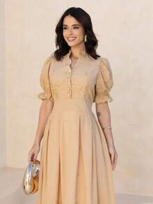 Elegant Midi Dress In 3D Embroidered Lace, Lined, Princess Puff Sleeves, Ruffled Hem - Vàng be - Xem 4