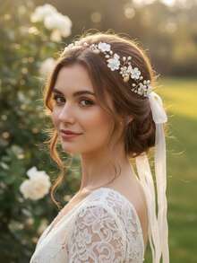 手工制作的哑光白花金色叶子新娘发饰，可调节丝带，适合新娘和伴娘佩戴，波西米亚珍珠发饰，派对必备 - 金色 - 查看 4