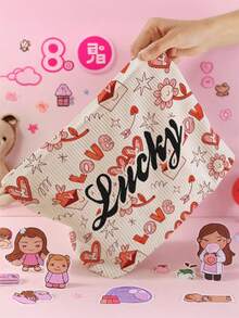 1pc Customized Name Cartoon Valentine's Day Heart & Flower Pattern Corduroy Toiletry Storage Bag, Perfect For Organizing Toiletries On The Go, Customizable Based On Your Unique Design, Suitable For Children, Print Your Own Name Or Your Sister's And Classmate's Name As A Gift - Multicolor - View 3