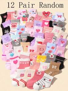 24/12/6 Pares de Meias Invisíveis Metade da Panturrilha em Rosa Pastel Aleatórias, Decoradas com Estampas Fofas de Flores, Laço, Besouro, Coelho, Urso, Listras e Outros Desenhos de Renda. São adoráveis e versáteis, adequadas para uso diário e como presentes, perfeitas para bebês de 0-36 meses, material macio e confortável. - Multicolorido - Visão 10