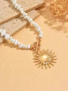 1pc Turquoise Beaded Necklace With Fashionable Metal Sun Pendant, Suitable For Women's Daily And Vacation Wear - Multicolor - View 3